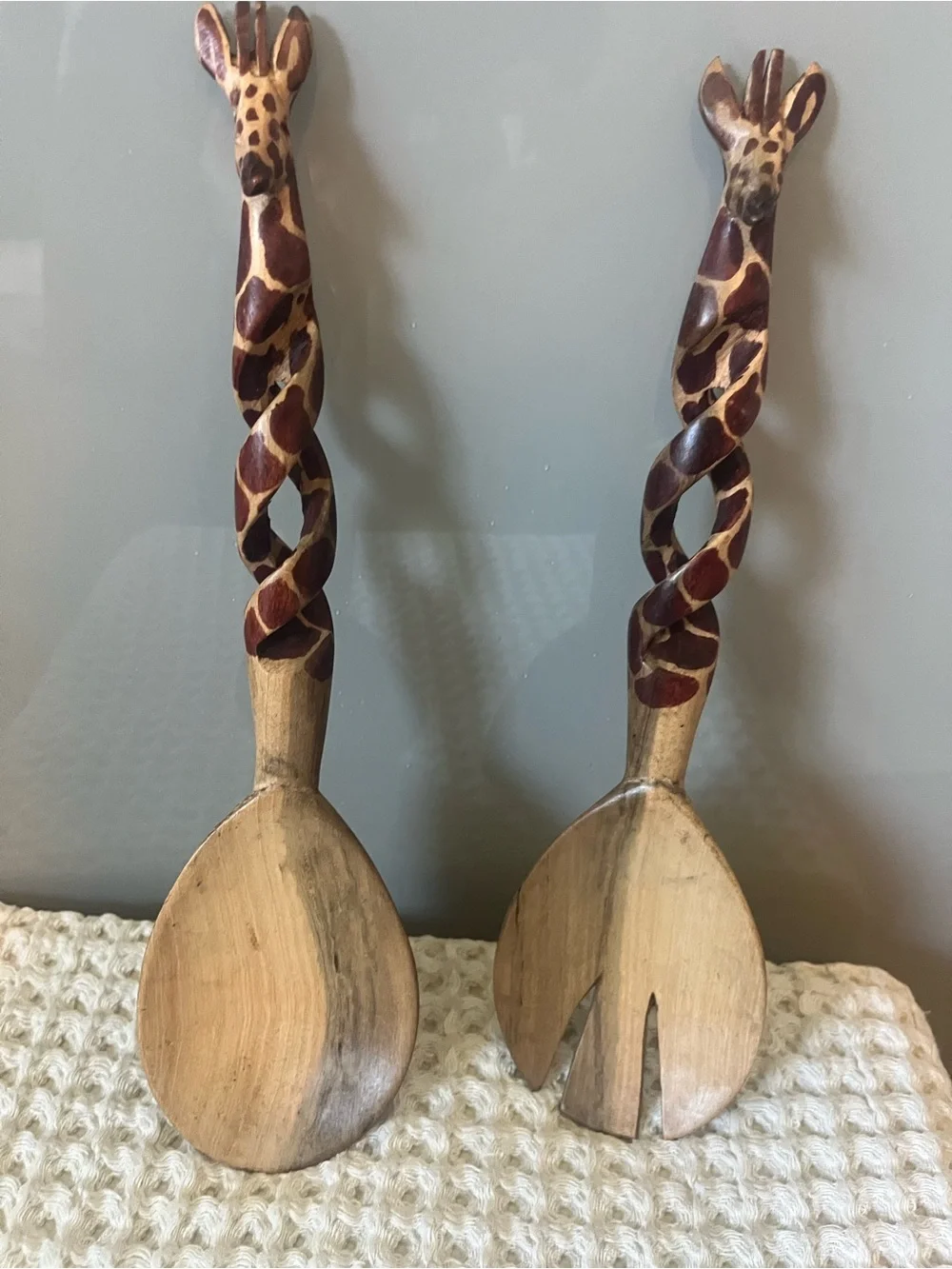 Hand-Carved Giraffe Wooden Salad Servers - Brown 12” 517